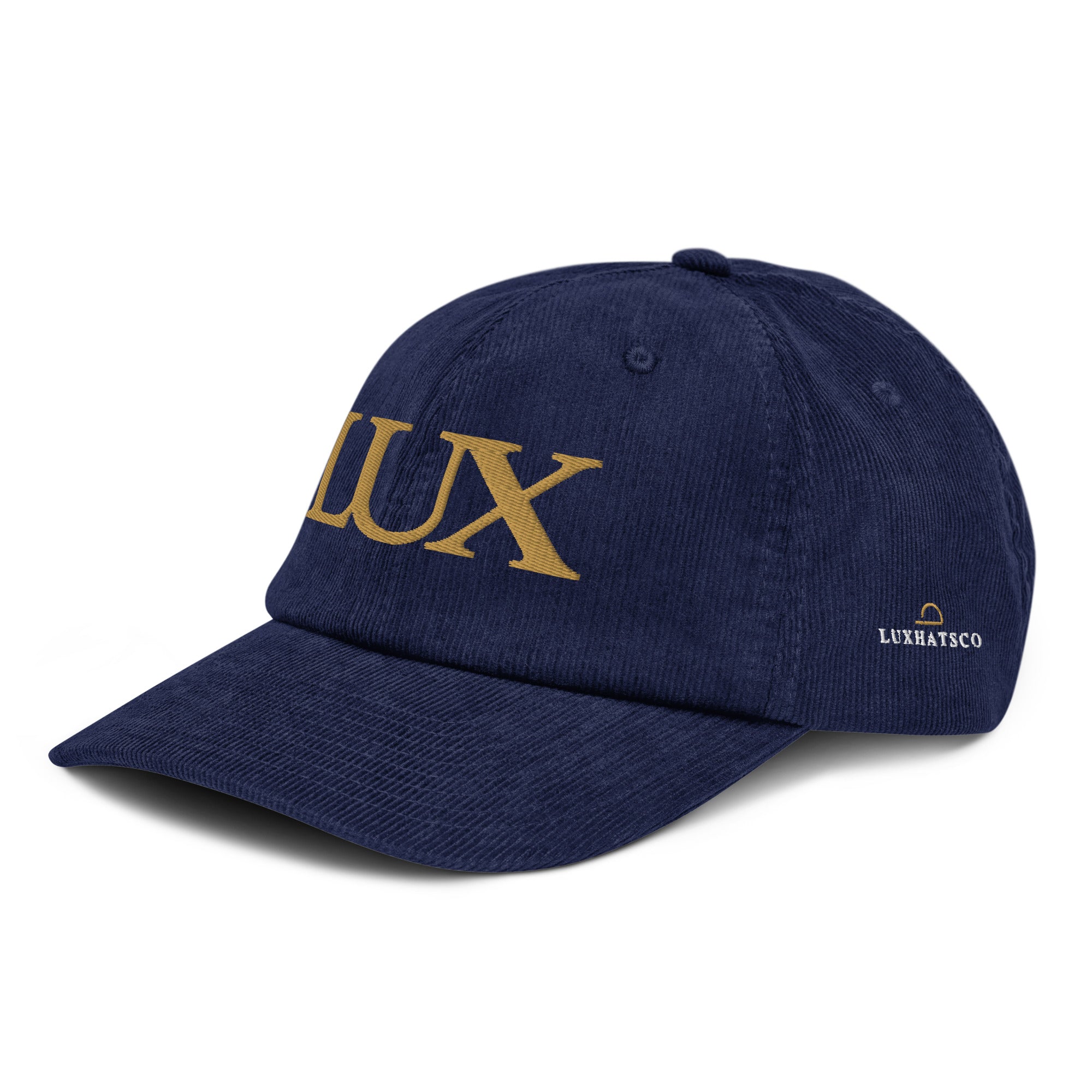 luxhatsco blue corduroy dad hat close up