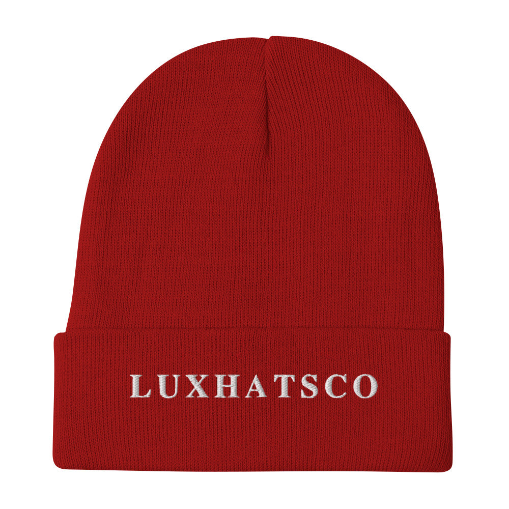 Red LUXHATSCO Logo Beanie winter outfit