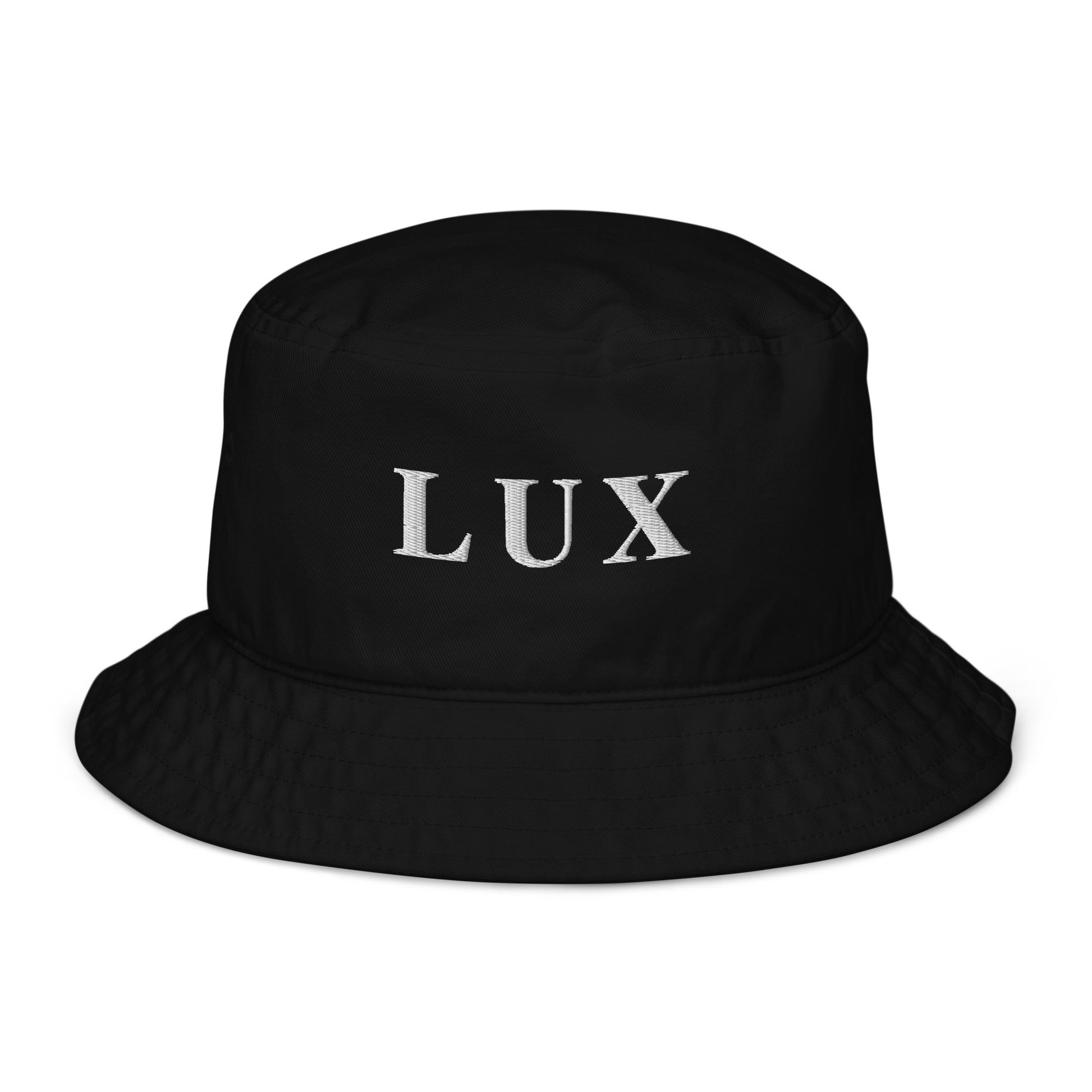 LUX black fashion bucket hat made from organic cotton twill with embroidered LUX logo