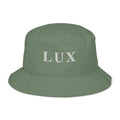 Dark sea green LUX bucket hat in organic cotton twill with bold embroidered logo