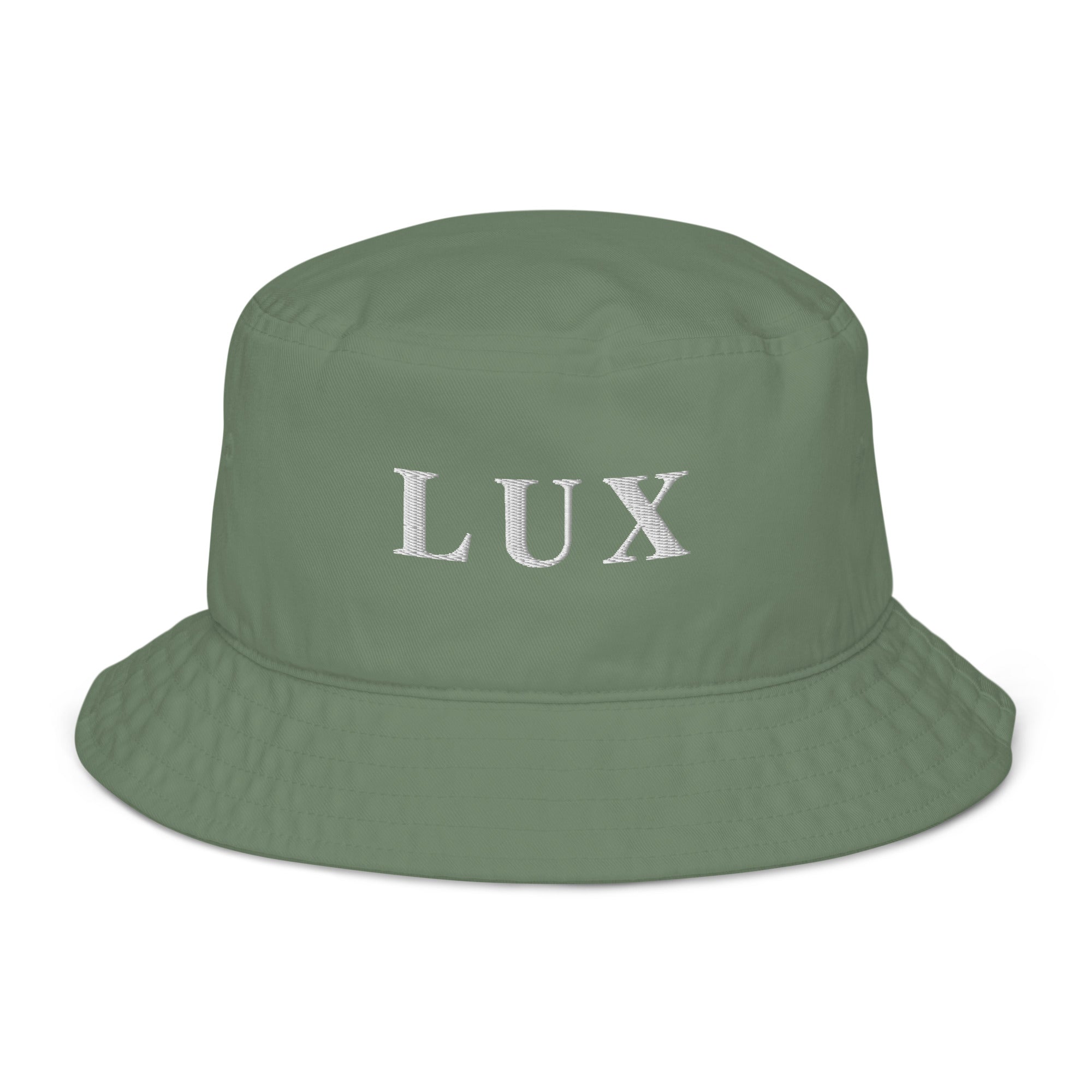 Dark sea green LUX bucket hat in organic cotton twill with bold embroidered logo