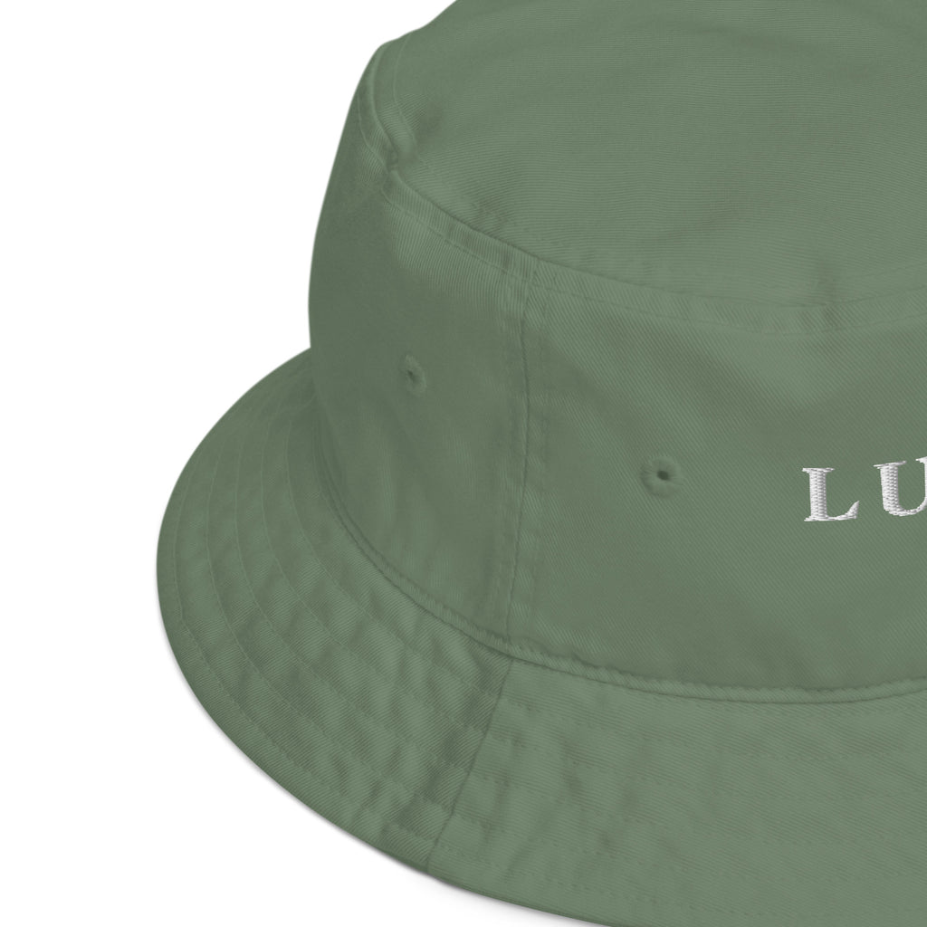 Luxhatsco Fashion Bucket Hat – Luxhatsco Logo – close-up of organic cotton twill texture