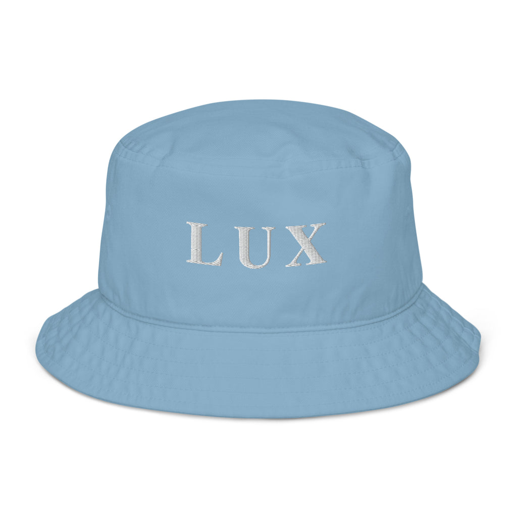 Light blue LUX fashion bucket hat in organic cotton twill with embroidered logo