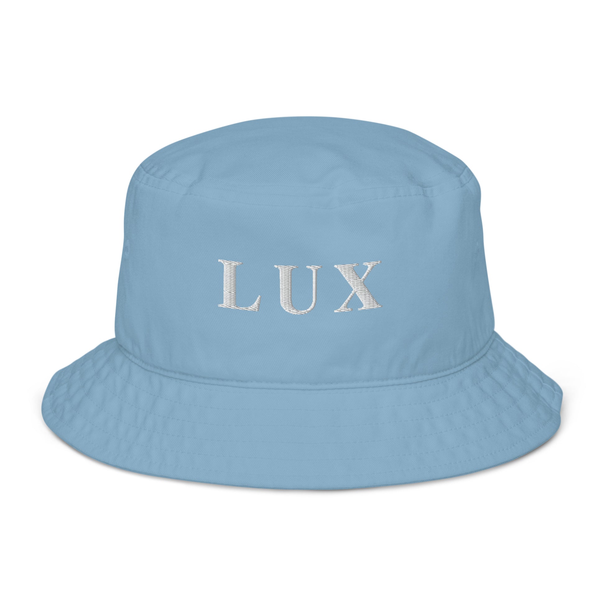 Light blue LUX fashion bucket hat in organic cotton twill with embroidered logo