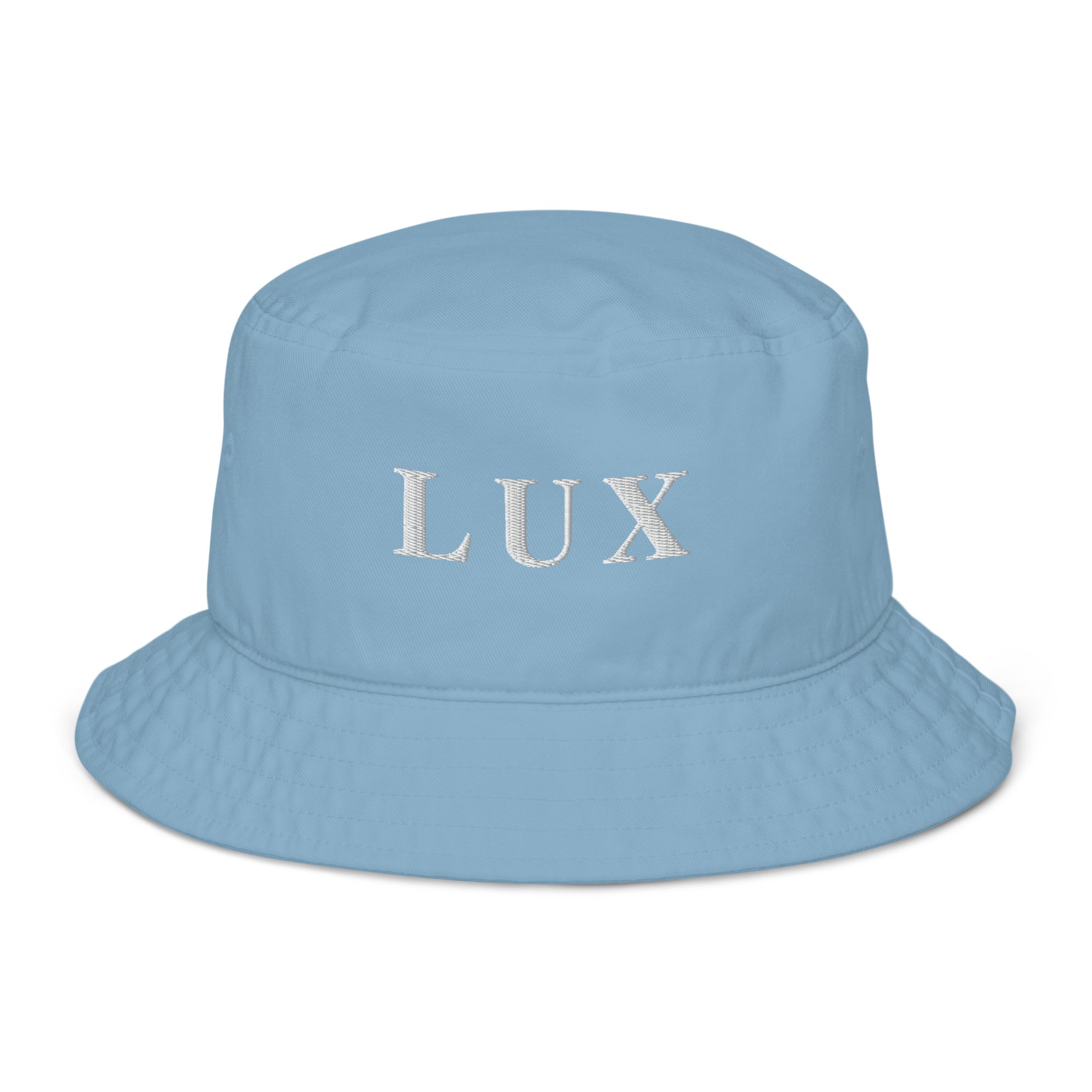 Light blue LUX fashion bucket hat in organic cotton twill with embroidered logo