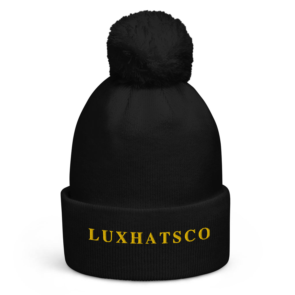 Black Luxhatsco Pom Pom Beanie – front view with Stargold logo