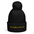 Black Luxhatsco Pom Pom Beanie – front view with Stargold logo