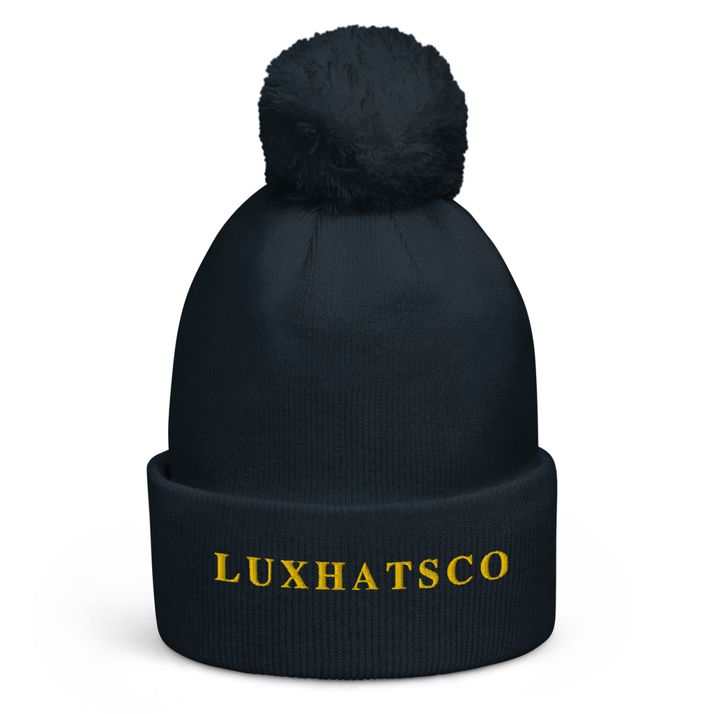 Navy Luxhatsco Pom Pom Beanie – side view showing cuff and pom pom