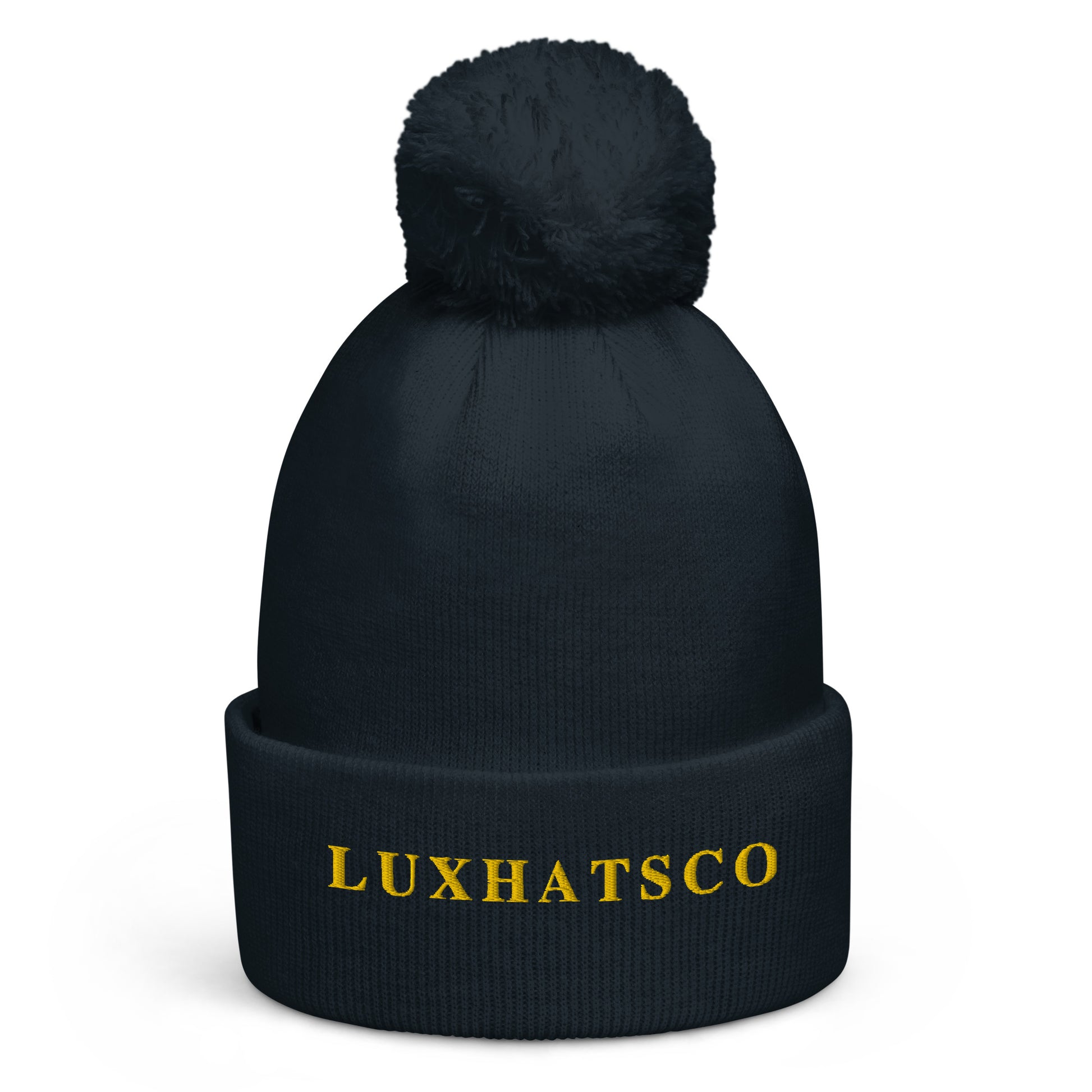 Navy Luxhatsco Pom Pom Beanie – side view showing cuff and pom pom