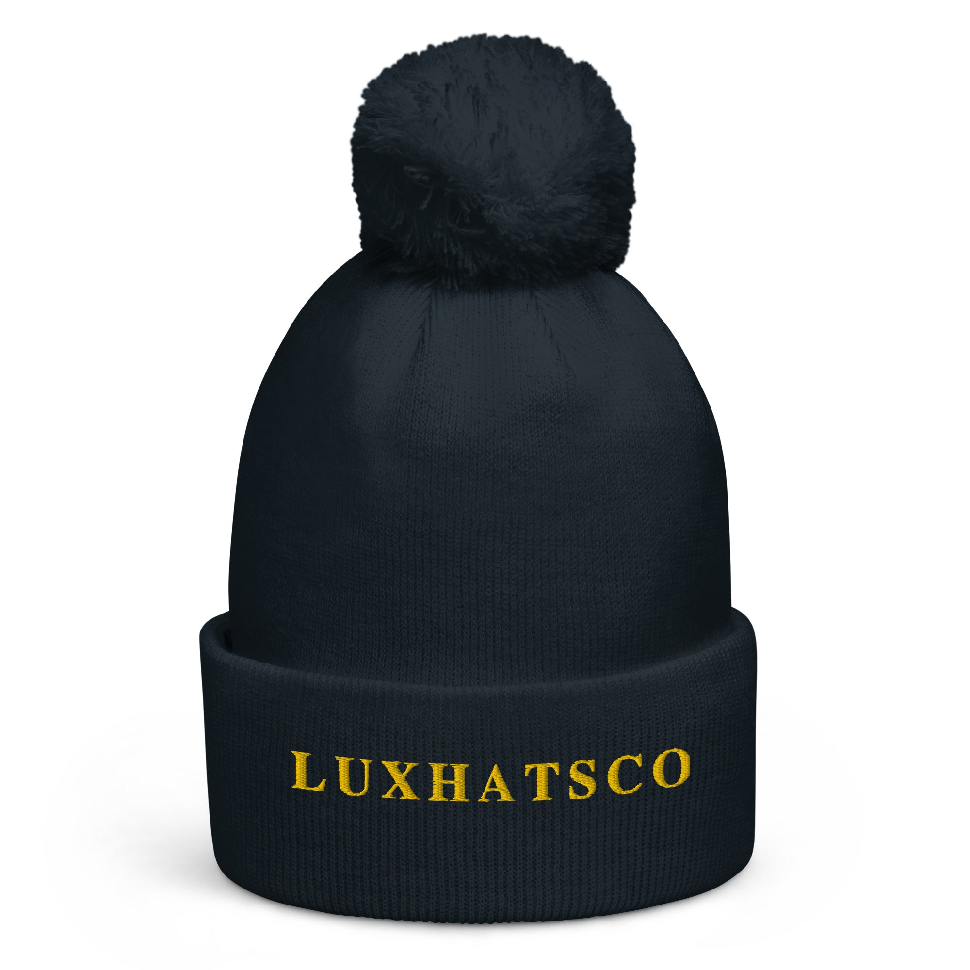 Navy Luxhatsco Pom Pom Beanie – side view showing cuff and pom pom