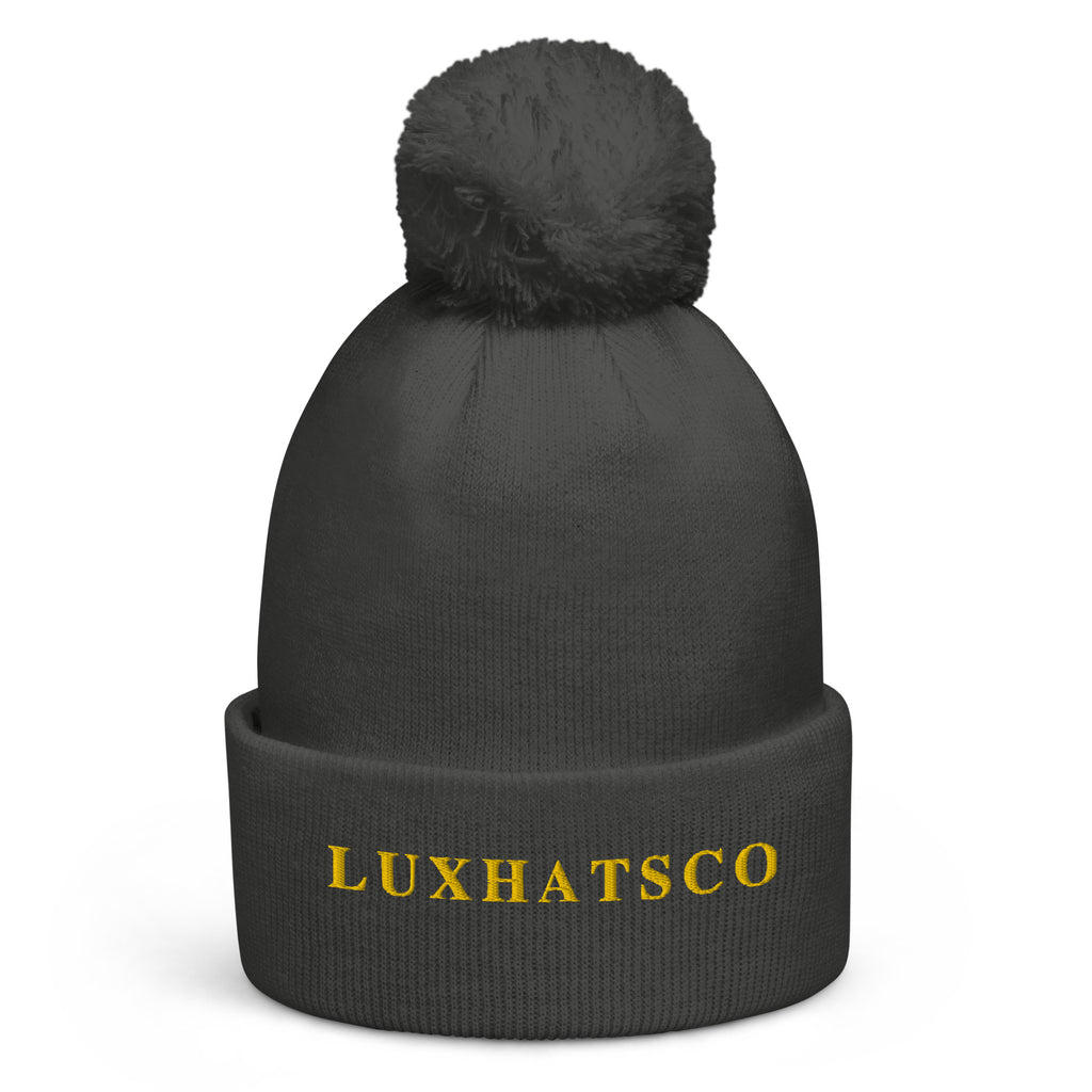 Dimgray Luxhatsco Pom Pom Beanie – top view showing pom pom and embroidery