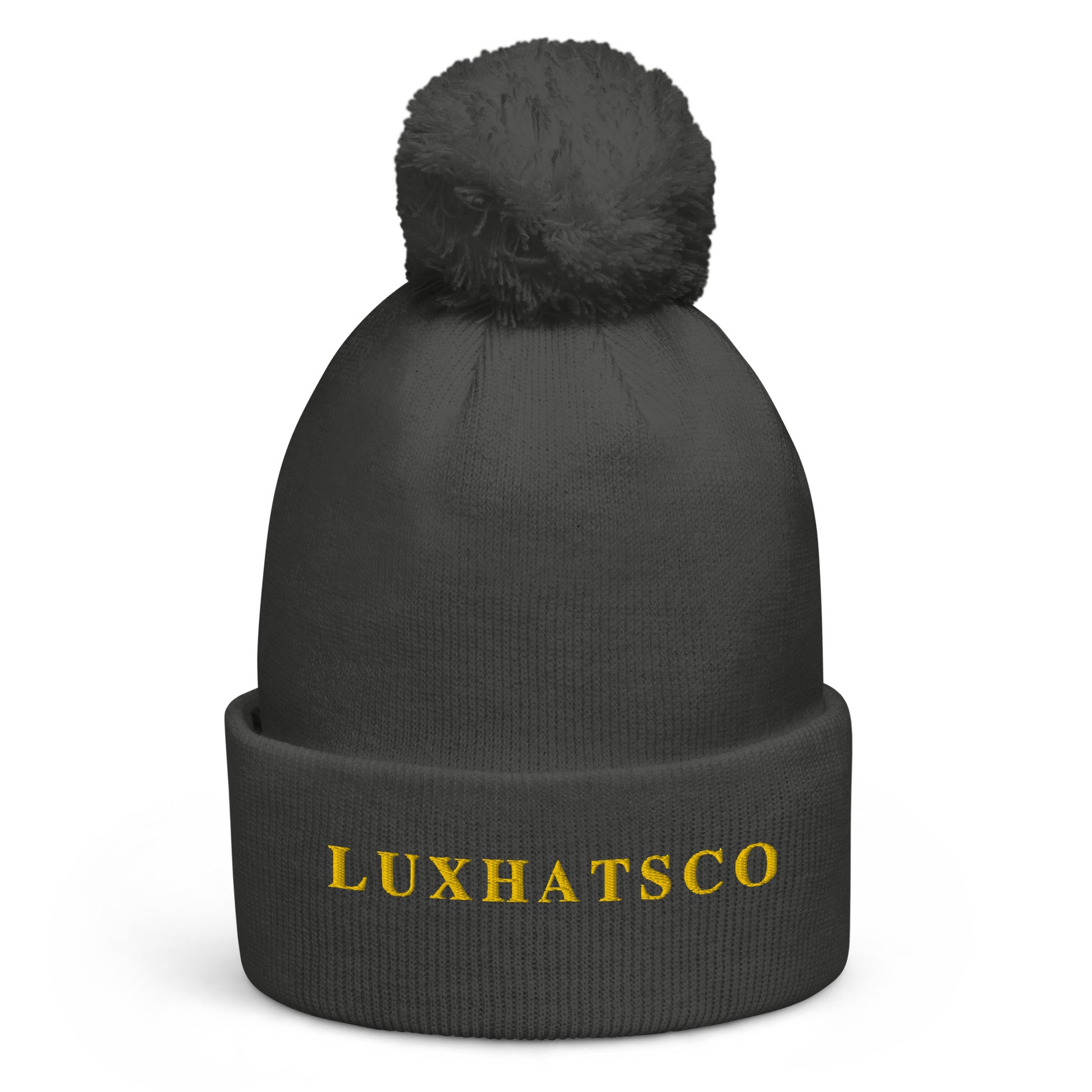 Dimgray Luxhatsco Pom Pom Beanie – top view showing pom pom and embroidery