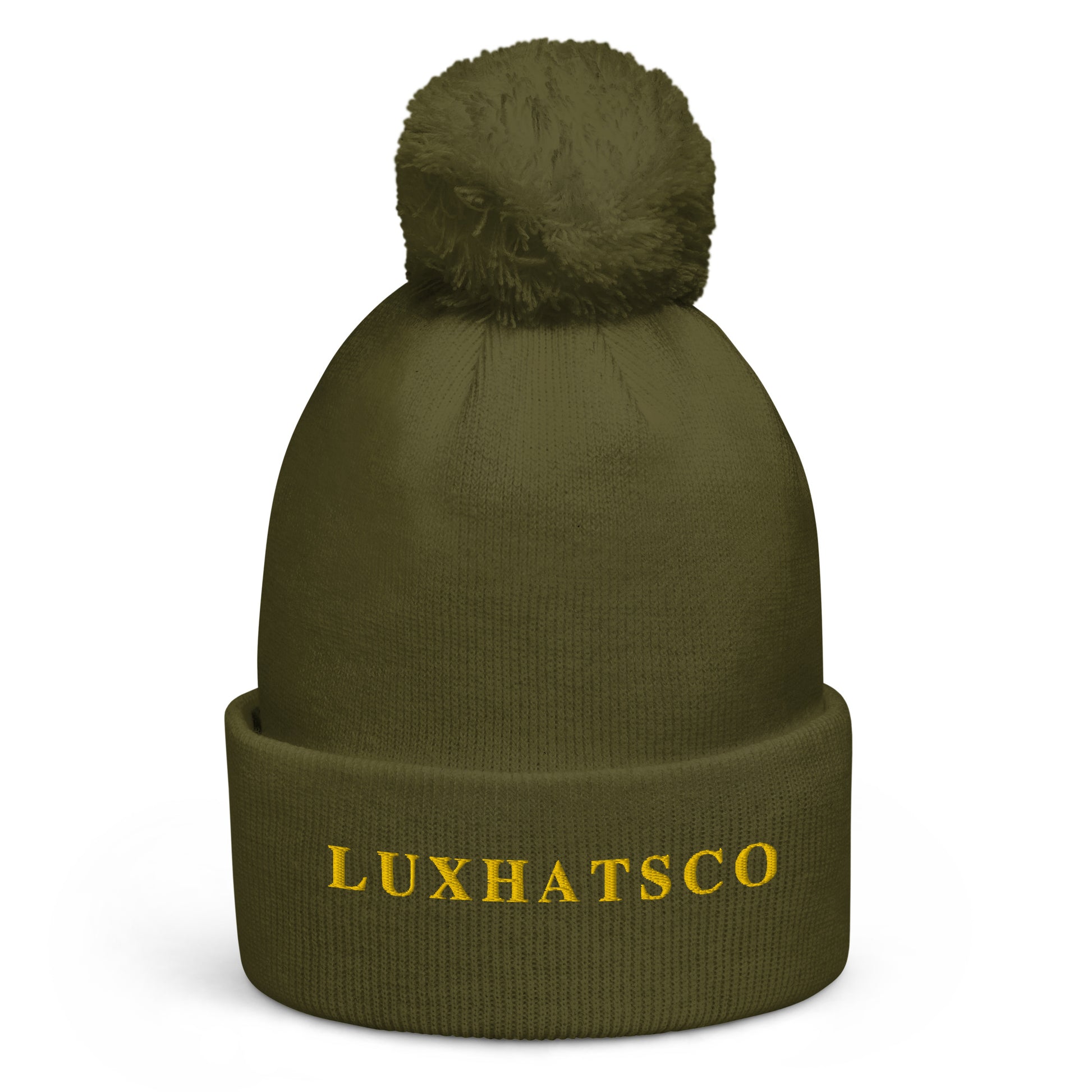 Olive Luxhatsco Pom Pom Beanie – on model wearing beanie