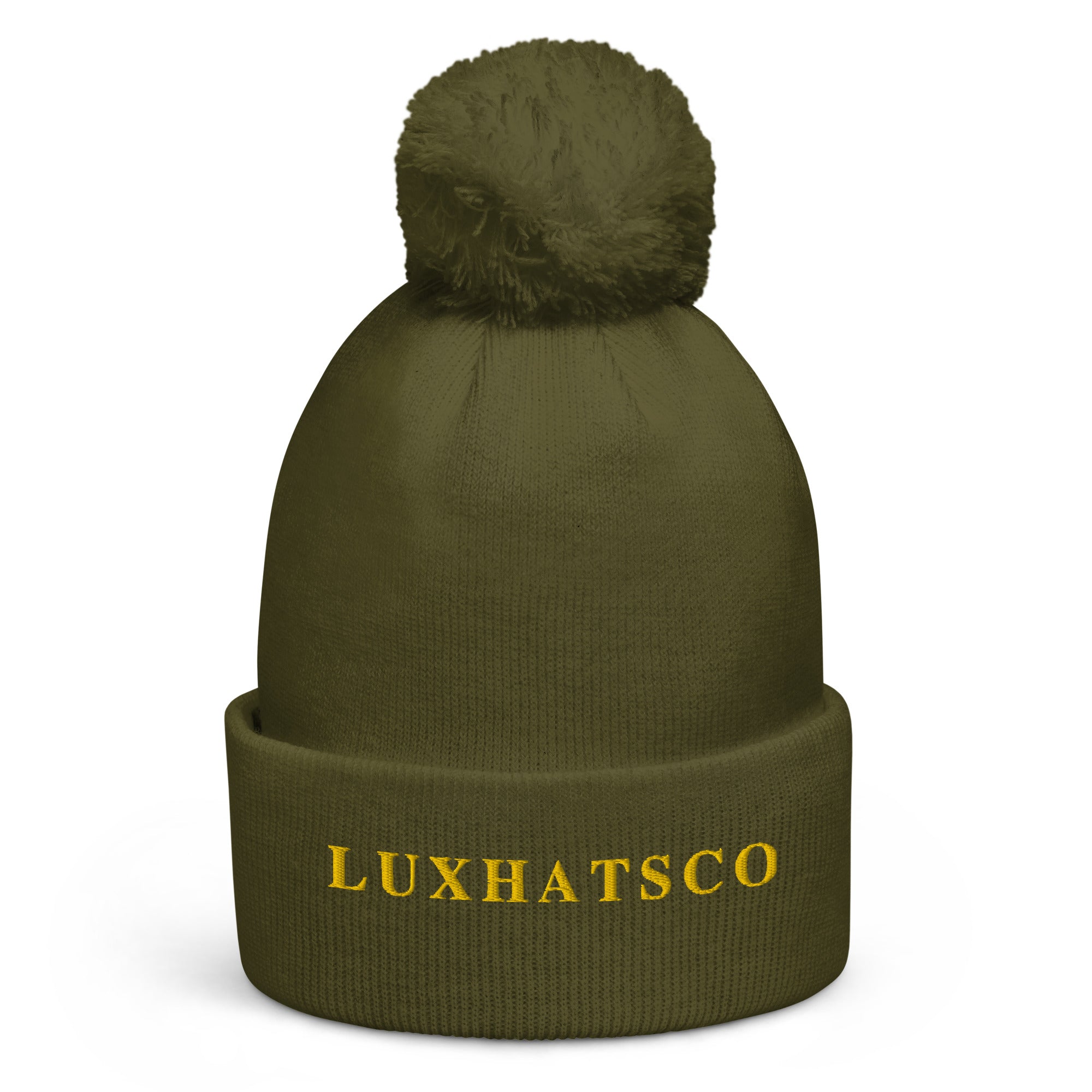 Olive Luxhatsco Pom Pom Beanie – on model wearing beanie