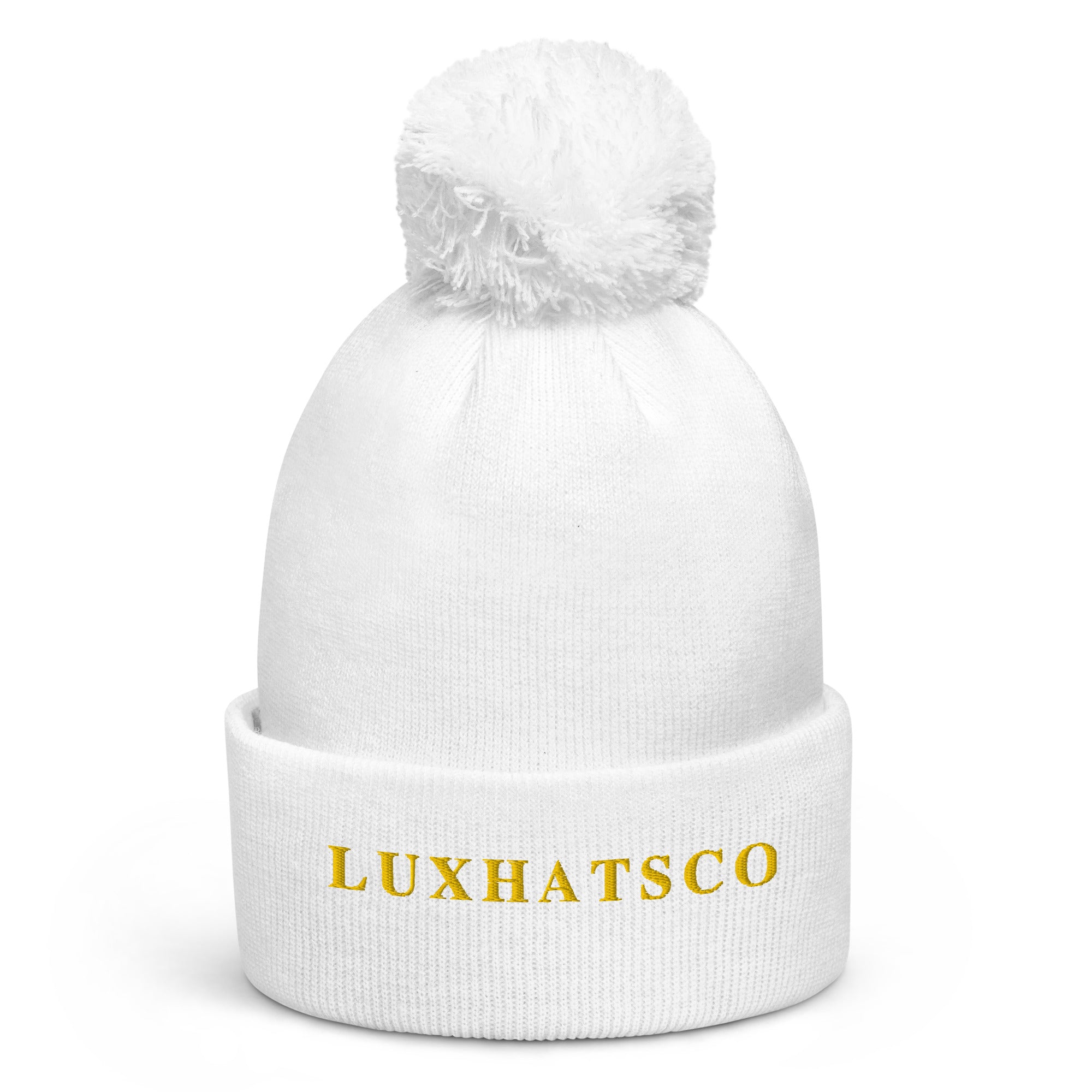 White Luxhatsco Pom Pom Beanie – close-up of Stargold embroidery