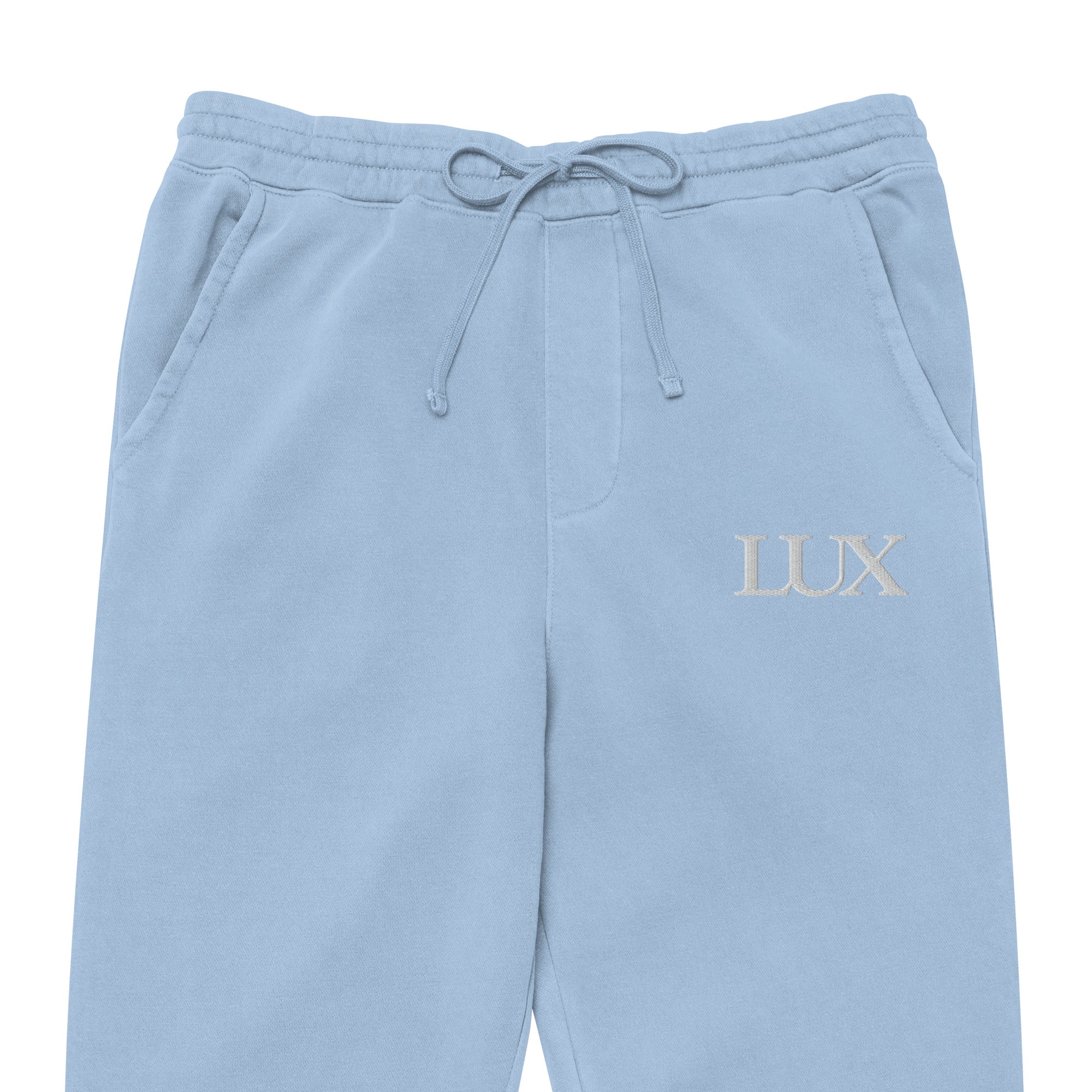 Pigment Sky Blue LUX Sweatpants front view zoomed in 