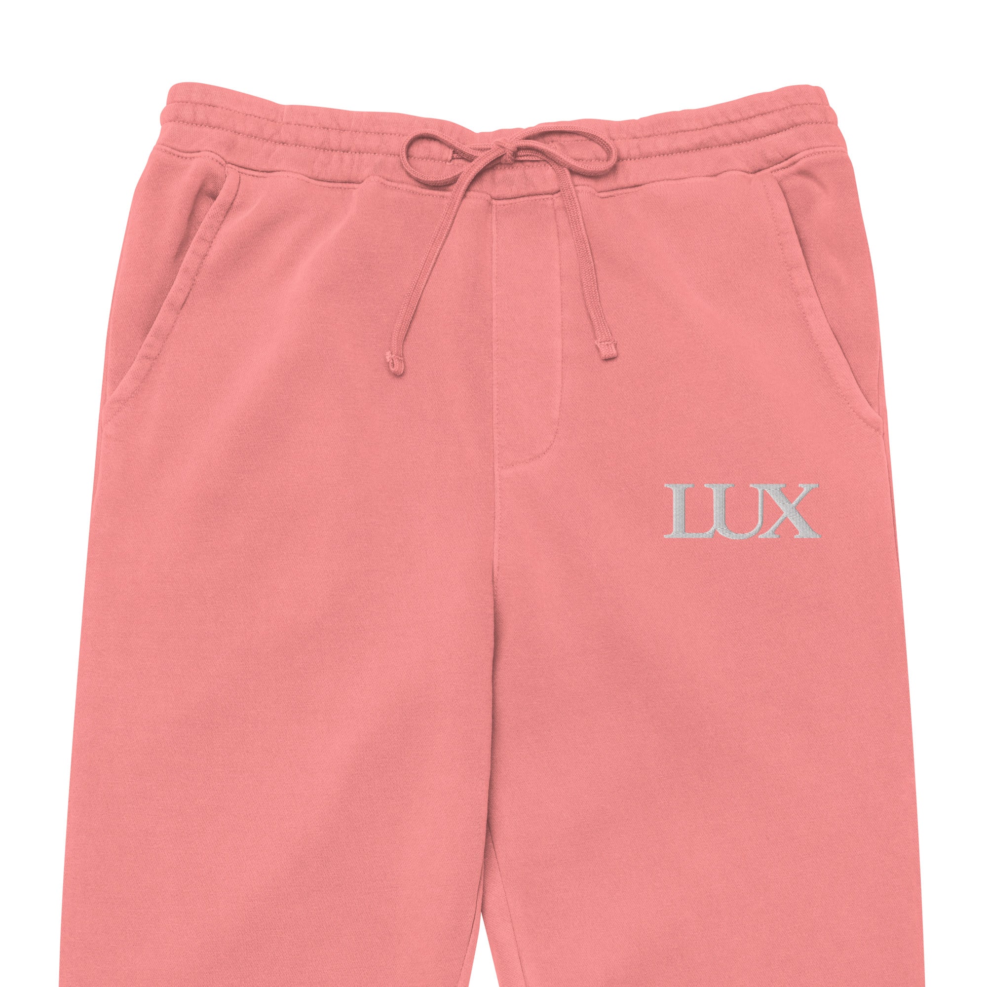 Pigment Pink LUX Sweatpants front view zoomed in 